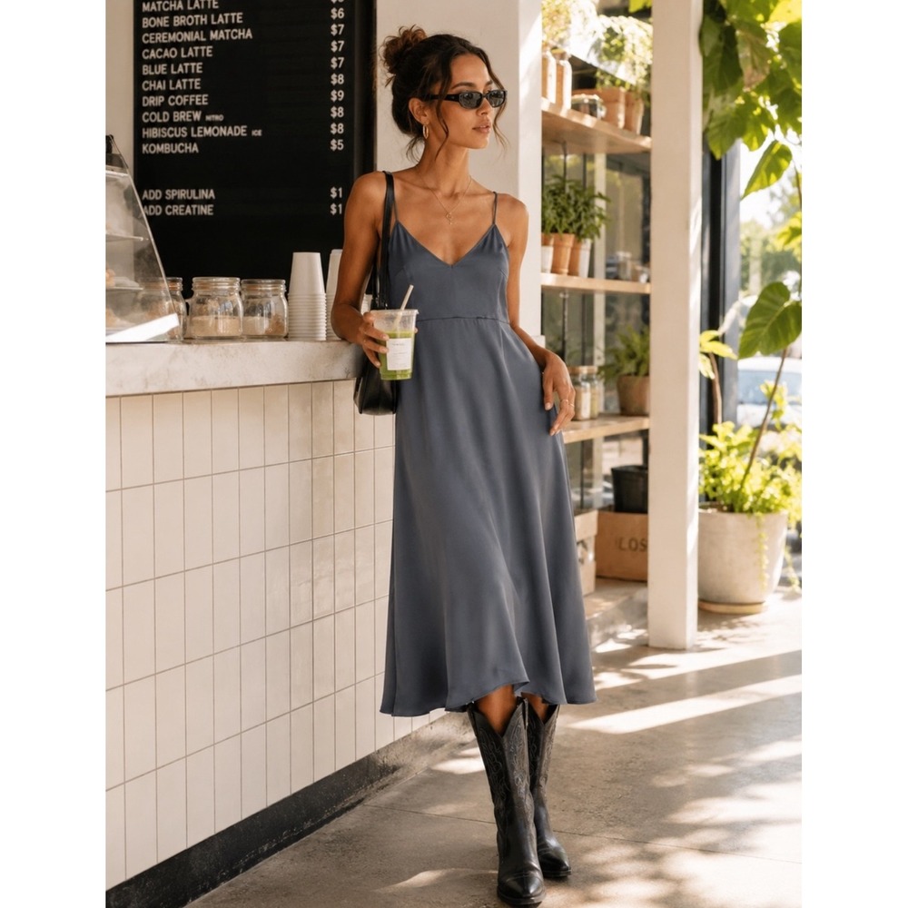 Daily Practice Anthropologie Midi Dress Womens XS Carbonโ Grey Satin Slip A-Line